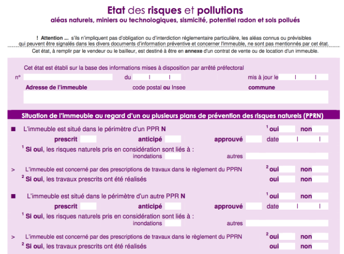Etat des risque et pollution  ERP permets de connaitre les risques proches de votre appartement